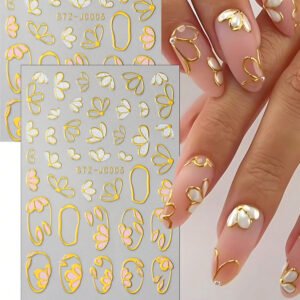 2pcs Self-Adhesive Golden Flower Nail Stickers - Glossy Wedding & Spring Summer Nail Art with Realistic Golden Foil Petal & Designs, DIY Floral Nail Decorations Suitable for Weddings, Parties, Proms
