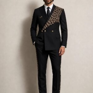 Double-Breasted 2-Piece Suit With Leopard Print Contrast Detail
