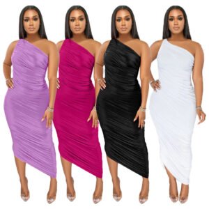 Multicolor European And American Leisure Hip Skirt Slim-fit Oblique Shoulder Dress